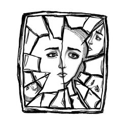 A hand-drawn black and white illustration of a broken mirror, symbolizing self-reflection and the perception of one's flaws and changes