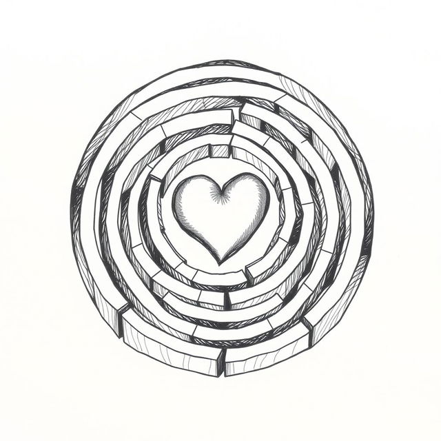 A hand-drawn black and white illustration of a labyrinth with a heart at its center, symbolizing the complexity of getting lost in love and the quest for understanding