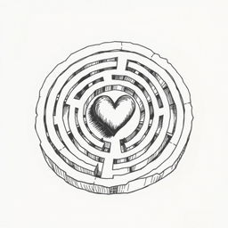 A hand-drawn black and white illustration of a labyrinth with a heart at its center, symbolizing the complexity of getting lost in love and the quest for understanding