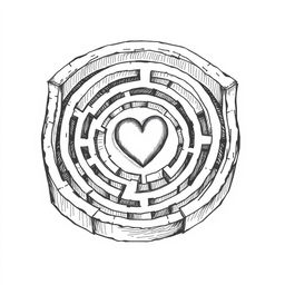 A hand-drawn black and white illustration of a labyrinth with a heart at its center, symbolizing the complexity of getting lost in love and the quest for understanding