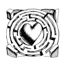 A hand-drawn black and white illustration of a labyrinth with a heart at its center, symbolizing the complexity of getting lost in love and the quest for understanding