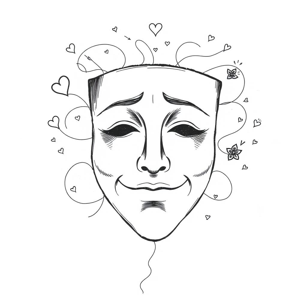 A hand-drawn black and white illustration of a mask featuring a sad smile, symbolizing the changes in personality and the quest for approval in love