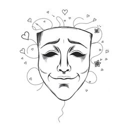 A hand-drawn black and white illustration of a mask featuring a sad smile, symbolizing the changes in personality and the quest for approval in love