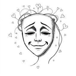 A hand-drawn black and white illustration of a mask featuring a sad smile, symbolizing the changes in personality and the quest for approval in love