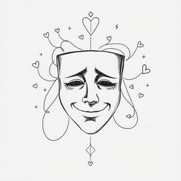 A hand-drawn black and white illustration of a mask featuring a sad smile, symbolizing the changes in personality and the quest for approval in love