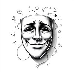 A hand-drawn black and white illustration of a mask featuring a sad smile, symbolizing the changes in personality and the quest for approval in love