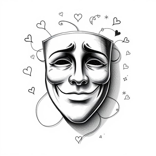 A hand-drawn black and white illustration of a mask featuring a sad smile, symbolizing the changes in personality and the quest for approval in love