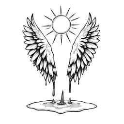 A hand-drawn black and white illustration of a pair of melting wings under the sun, symbolizing ambition and the risks associated with it