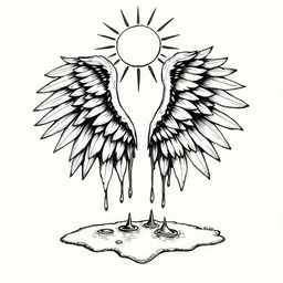 A hand-drawn black and white illustration of a pair of melting wings under the sun, symbolizing ambition and the risks associated with it