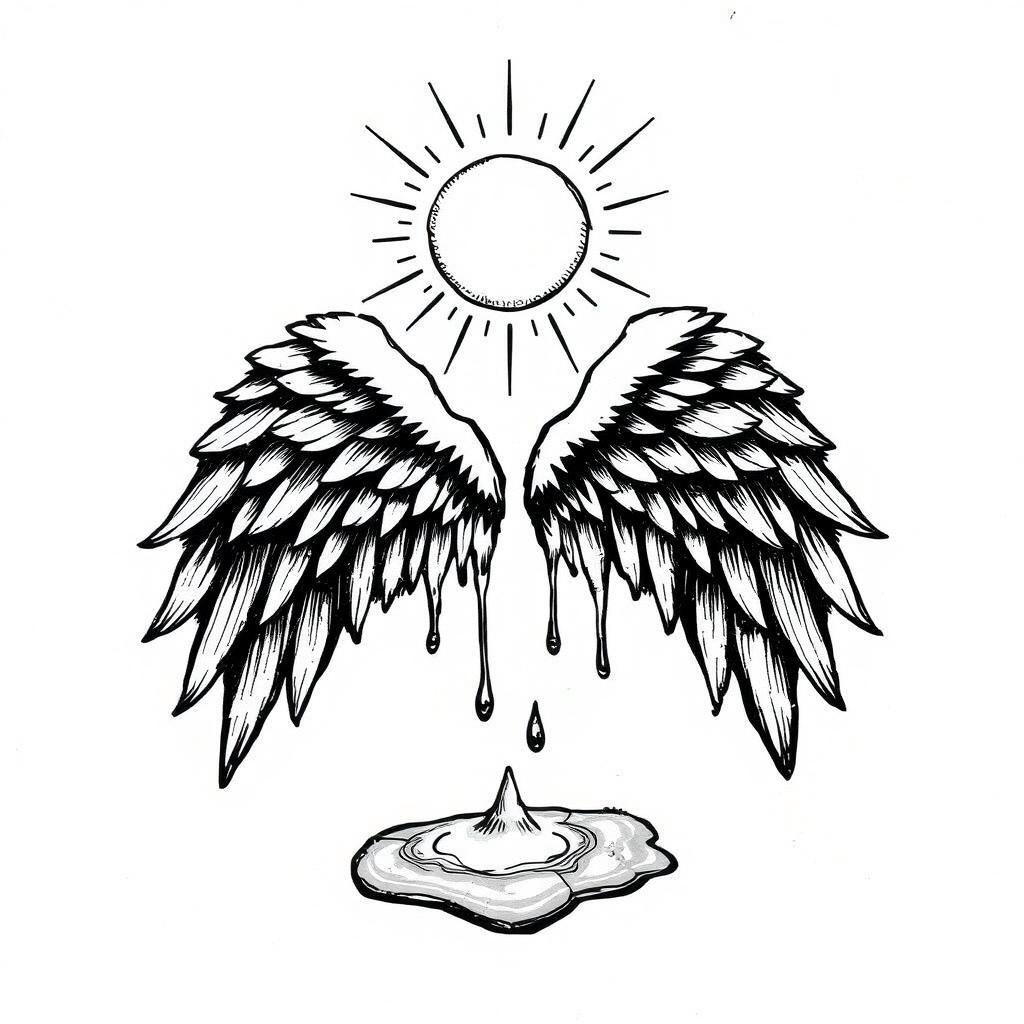 A hand-drawn black and white illustration of a pair of melting wings under the sun, symbolizing ambition and the risks associated with it