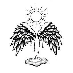 A hand-drawn black and white illustration of a pair of melting wings under the sun, symbolizing ambition and the risks associated with it