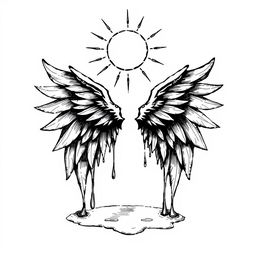 A hand-drawn black and white illustration of a pair of melting wings under the sun, symbolizing ambition and the risks associated with it