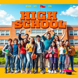 A dynamic and colorful movie poster for a high school film, featuring a diverse group of energetic and enthusiastic students posing with a school building in the background