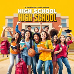 A dynamic and colorful movie poster for a high school film, featuring a diverse group of energetic and enthusiastic students posing with a school building in the background