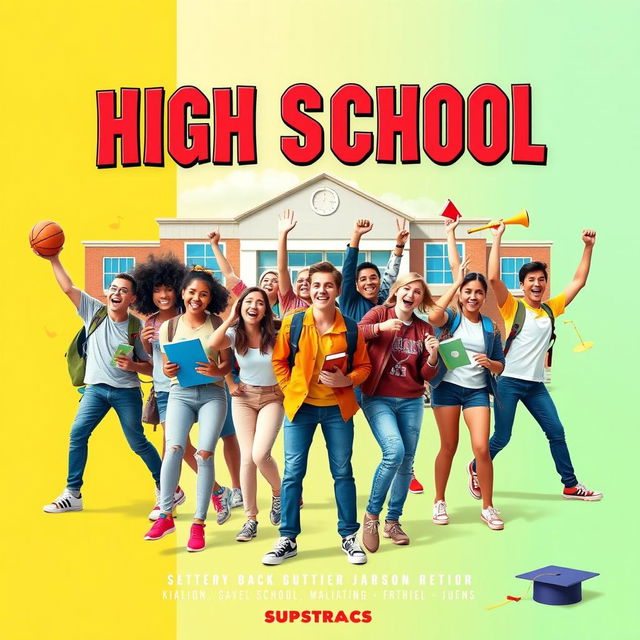 A dynamic and colorful movie poster for a high school film, featuring a diverse group of energetic and enthusiastic students posing with a school building in the background