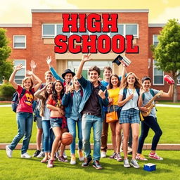 A dynamic and colorful movie poster for a high school film, featuring a diverse group of energetic and enthusiastic students posing with a school building in the background