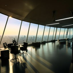 In broad daylight, the penthouse office of the SWAT Commander, characterized by its sweeping glass walls providing a panoramic view of the bustling city.