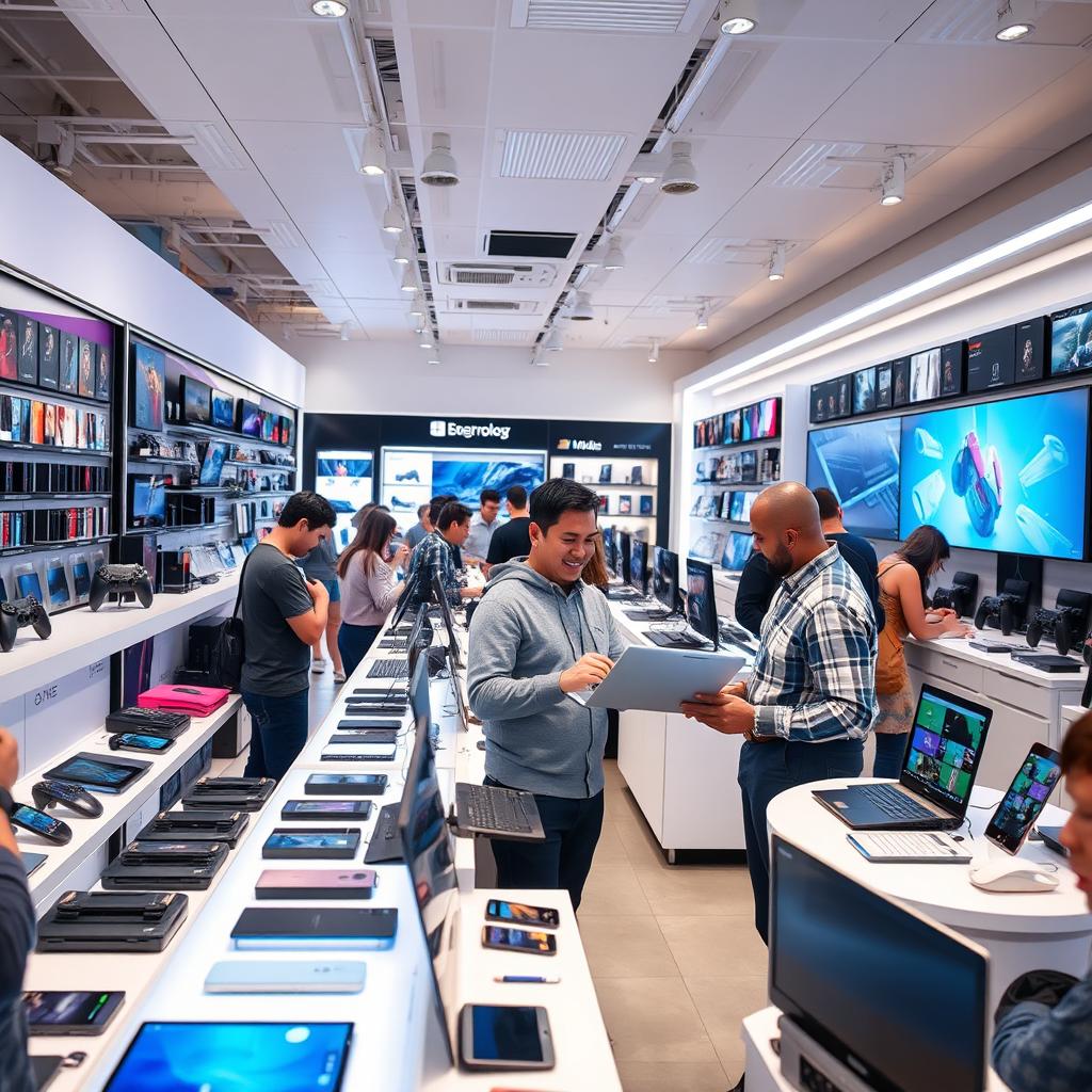 A bustling technology store interior, filled with the latest gadgets and electronics