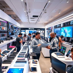 A bustling technology store interior, filled with the latest gadgets and electronics