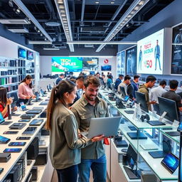 A bustling technology store interior, filled with the latest gadgets and electronics