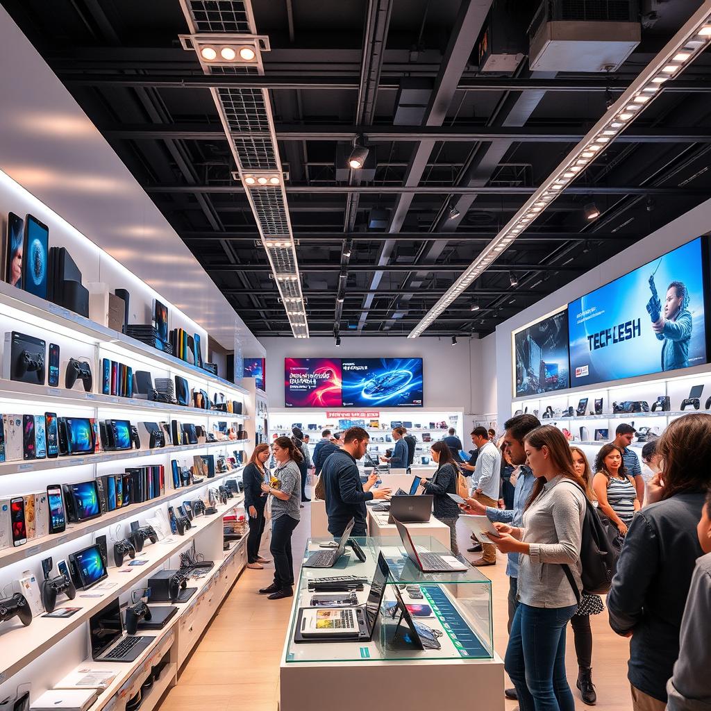 A bustling technology store interior, filled with the latest gadgets and electronics