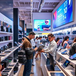 A bustling technology store interior, filled with the latest gadgets and electronics