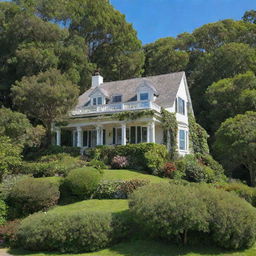 A detailed image of a beautiful house nestled in lush greenery under a clear blue sky.