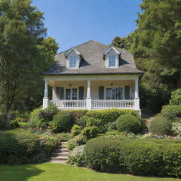 A detailed image of a beautiful house nestled in lush greenery under a clear blue sky.