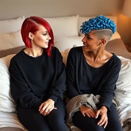 Two women sitting on a bed, one wearing a black sweatshirt, with fair skin and a red long bob hairstyle featuring a shaved side