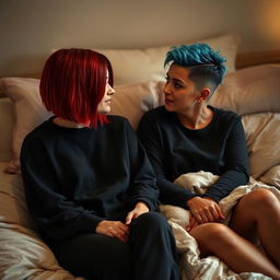 Two women sitting on a bed, one wearing a black sweatshirt, with fair skin and a red long bob hairstyle featuring a shaved side