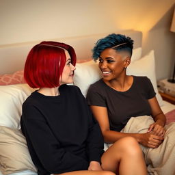 Two women sitting on a bed, one wearing a black sweatshirt, with fair skin and a red long bob hairstyle featuring a shaved side