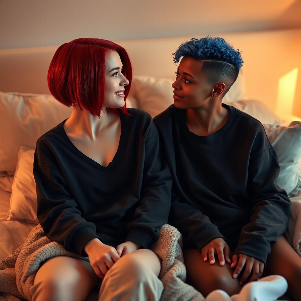 Two women sitting on a bed, one wearing a black sweatshirt, with fair skin and a red long bob hairstyle featuring a shaved side