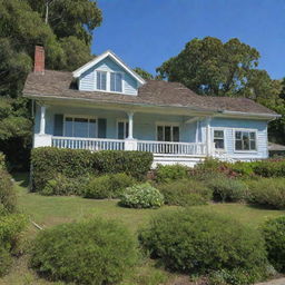 A detailed image of a beautiful house nestled in lush greenery under a clear blue sky.