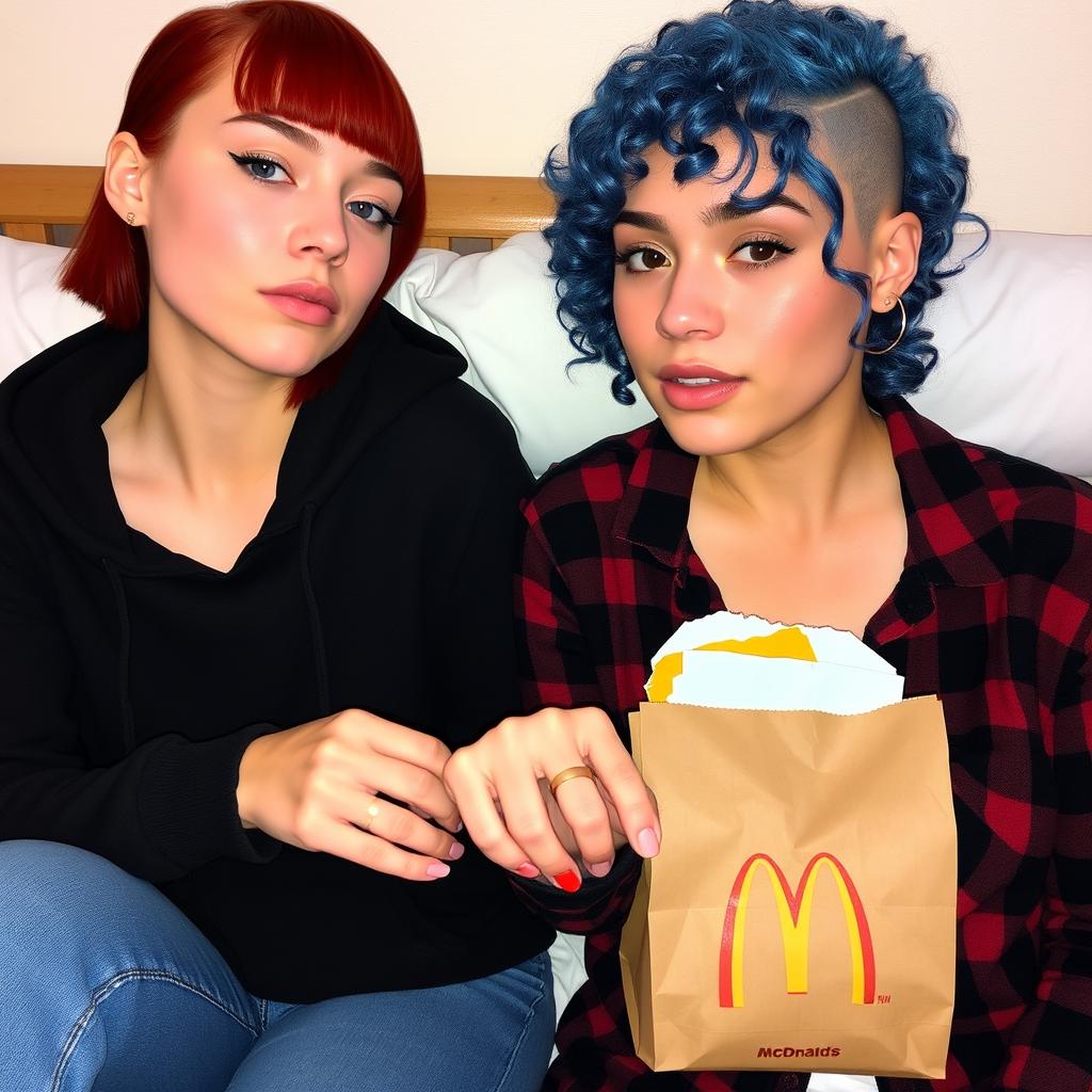 A cozy and intimate scene of two women sitting on a bed