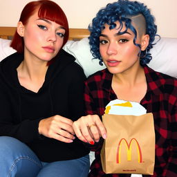 A cozy and intimate scene of two women sitting on a bed