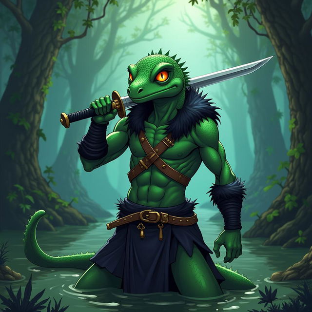 An anime cartoon style illustration inspired by One Piece, showcasing a dark green gecko lizardman with smooth scales and striking cyan lizard eyes that gleam with intensity