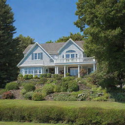 A detailed image of a beautiful house nestled in lush greenery under a clear blue sky.