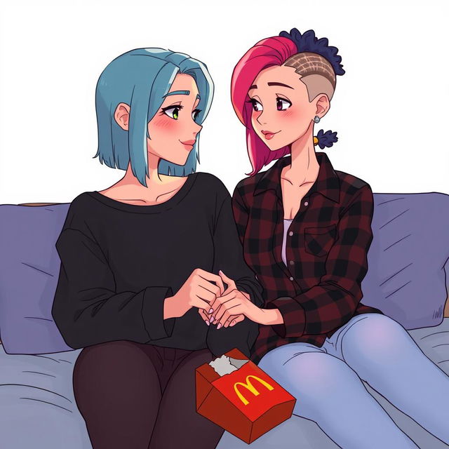 An animated style drawing of two women sitting on a bed, exuding warmth and connection