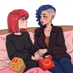 An animated style drawing of two women sitting on a bed, exuding warmth and connection