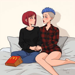 An animated style drawing of two women sitting on a bed, exuding warmth and connection