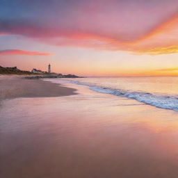 A vibrant, sunset over a serene beach, complete with a picturesque lighthouse in the distance