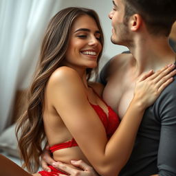 A close-up shot of a beautiful 18-year-old Turkish woman and her handsome 20-year-old boyfriend sharing an intimate moment