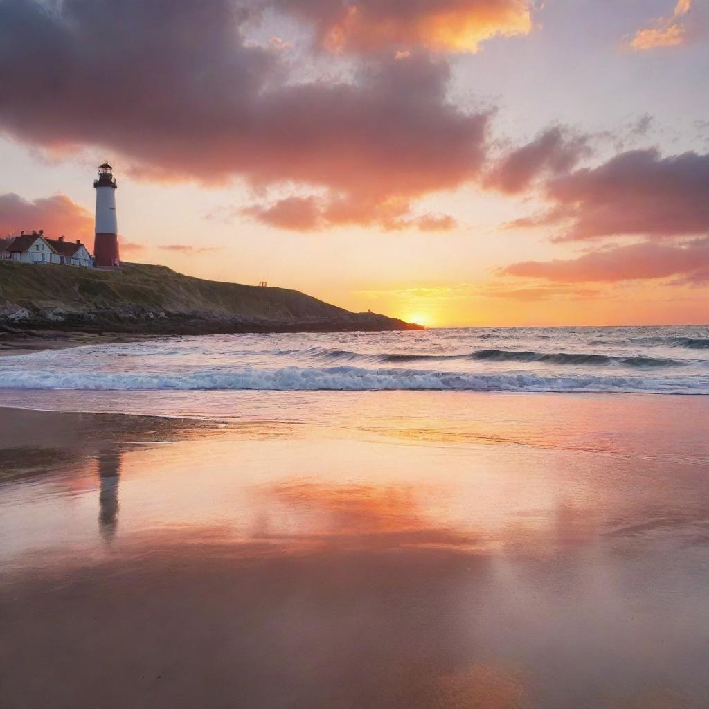 A vibrant, sunset over a serene beach, complete with a picturesque lighthouse in the distance