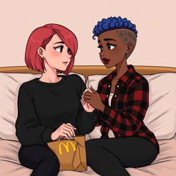 An animated style drawing of two women sitting on a bed, capturing a moment of connection and warmth