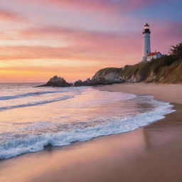 A vibrant, sunset over a serene beach, complete with a picturesque lighthouse in the distance