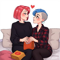 A charming Disney-style drawing of two women sitting on a bed, radiating love and affection