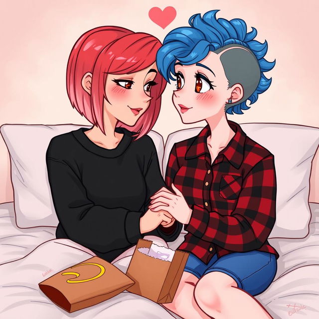 A charming Disney-style drawing of two women sitting on a bed, radiating love and affection