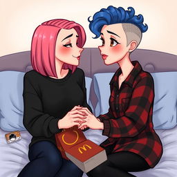 A charming Disney-style drawing of two women sitting on a bed, radiating love and affection