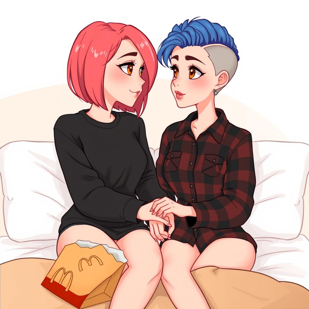 A delightful Disney-style drawing of two women sitting on a bed, embodying love and affection