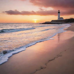 A vibrant, sunset over a serene beach, complete with a picturesque lighthouse in the distance